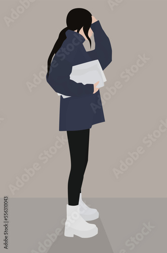 Vector flat image of a young girl. Lady in a sweater, leggings and boots. Design for postcards, avatars, posters, backgrounds, templates, banners, textiles.