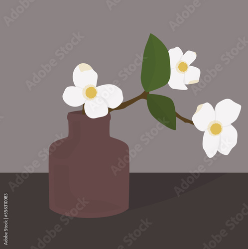 Vector flat image of a beautiful flower on the table. Branch with flowers in a vase. Design for postcards, posters, backgrounds, templates, banners, textiles.