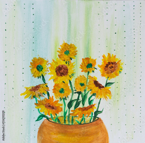 Artistic painting bouquet of sunflowers in a yellow vase. Picture contains interesting idea, evokes emotions, aesthetic pleasure. Canvas stretched, cardboard, oil natural paints. Concept art texture