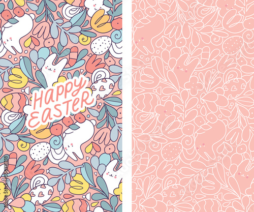 Happy Easter hand drawn illustration with bunny and eggs. Doodle art for Spring holiday.