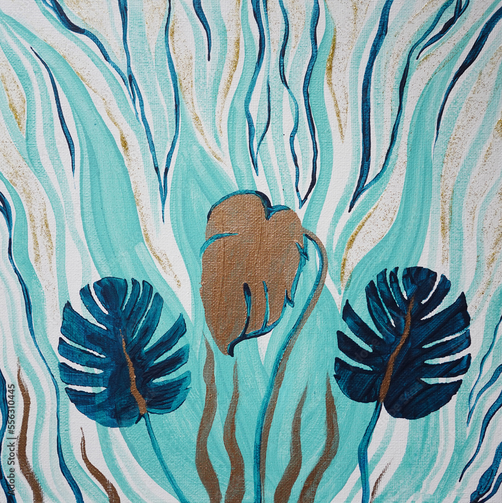 Artistic painting of green, gold leaves, long lines shapes. Picture