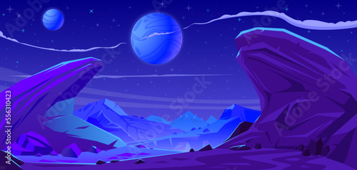 Hand drawn vector landscape of a fantastic red planet at night.