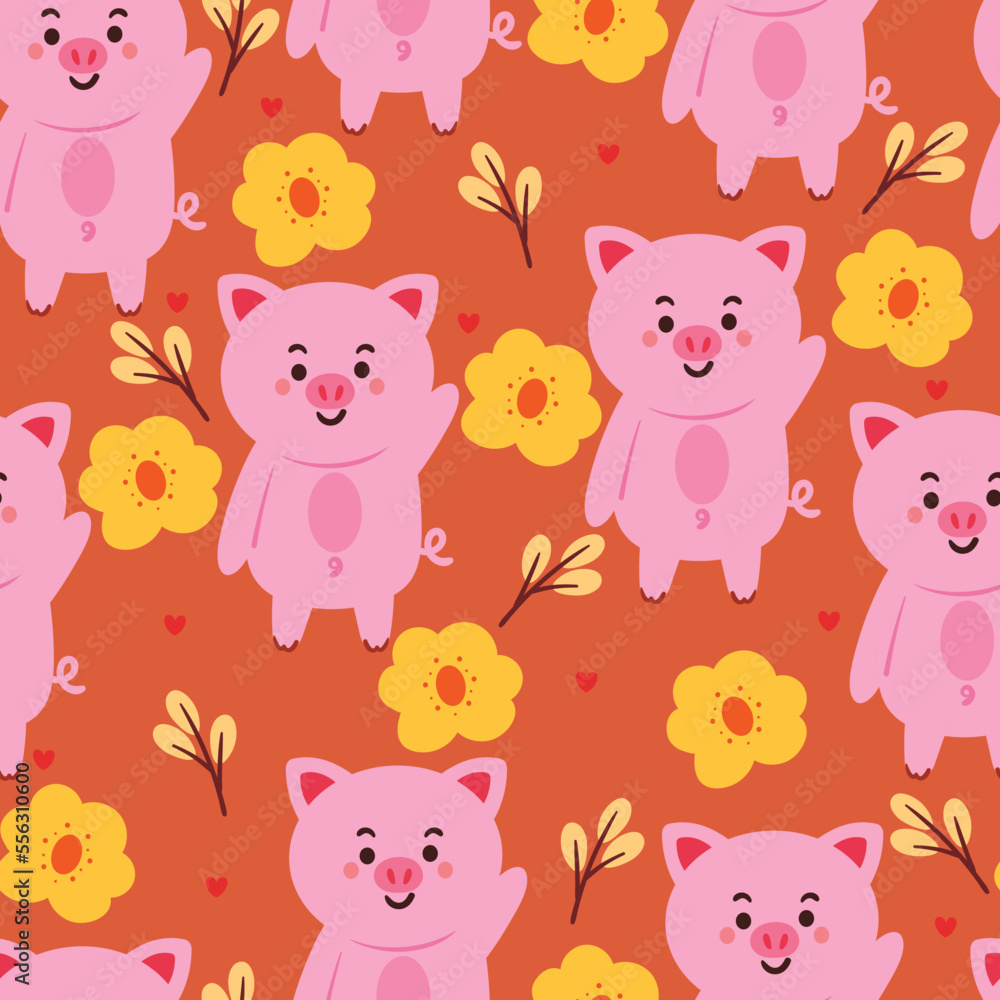 Fototapeta premium seamless pattern cartoon pig and flower. cute animal wallpaper for textile gift wrap paper