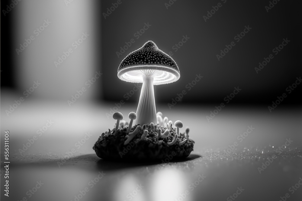 Black and white image of a psilocybin, magic mushroom, with light ...