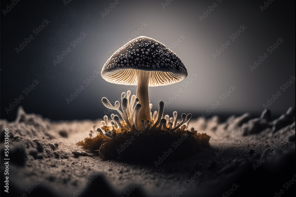 close up of a psilocybin mushroom on a piece of dirt , magic mushroom  - obrazy, fototapety, plakaty 