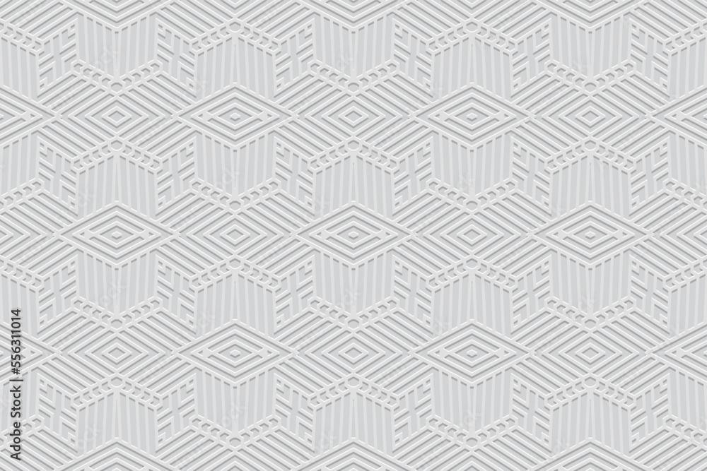 Embossed white background, ethnic cover design. Press paper, boho style. Geometric 3d pattern of contours and lines. Tribal themes of the East, Asia, India, Mexico, Aztecs, Peru, elegant ornaments. Embossed white background, ethnic cover design. Press paper, boho style. Geometric 3d pattern of contours and lines. Tribal themes of the East, Asia, India, Mexico, Aztecs, Peru, elegant ornaments.
