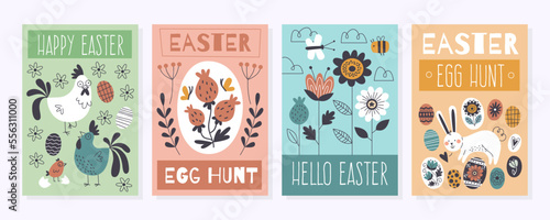 Funny easter congratulations cards. Happy spring holiday posters collection, cute bunnies and chickens, hand drawn flowers and decorative leaves, eggs hunt, tidy vector cartoon flat set