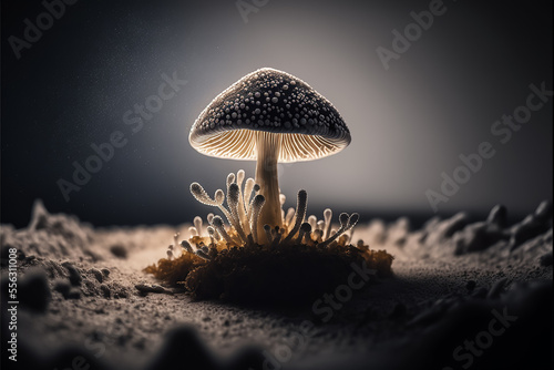 Fotografia close up of a psilocybin mushroom on a piece of dirt , magic mushroom