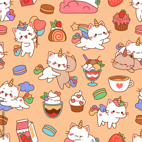 Funny unicorn cats pattern. Pastel colors print, cute kittens with rainbow tails, fairy magical animals and sweets. Decor childish textile, wrapping paper design. tidy vector background