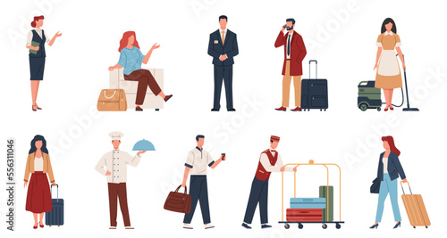 Hotel visitors and staff. Travelers, guests with luggage, pending placements people, professional maid, receptionist, security guard, cartoon flat isolated characters, nowaday vector set