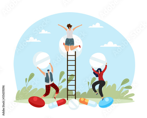 Medications for anxiety, pills for depression, treatment of psychological problems. Antidepressants. tiny happy people hold huge meds, painkiller or supplement. Vector cartoon flat concept
