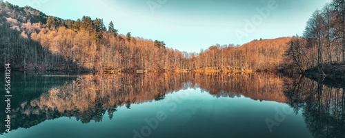 Panoramic view and lake reflection in Yedigoller National Park  Bolu  Turkey 