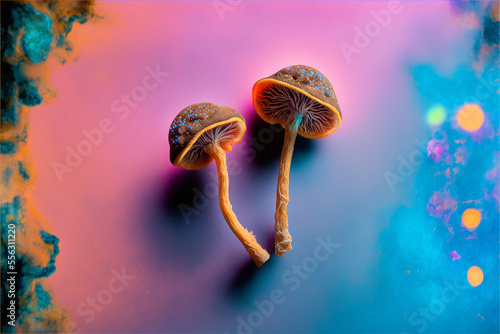 Two dried psilocybin mushrooms on a rainbow-coloured background.  photo