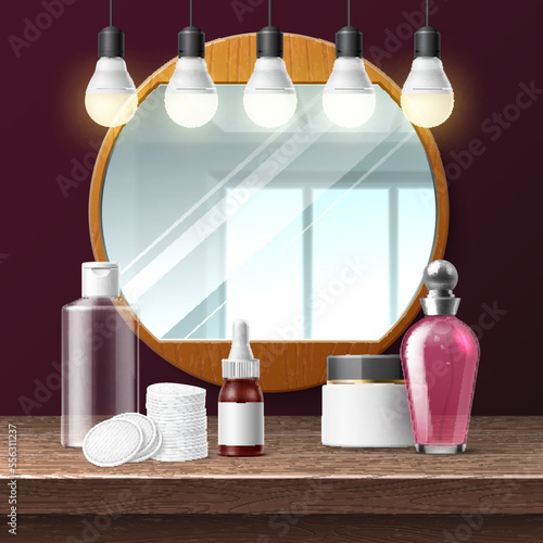 Realistic makeup mirror. Salon round mirror in wooden frame and light bulbs illumination, dressing room, vanity table with parfum and cream, lotion and cotton pads, utter vector concept