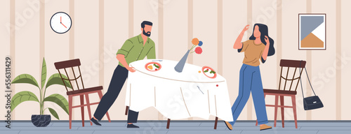 Spouses quarrel. Couple sort out relationship, woman and man arguing in room, family scandal and marital showdown, unhappy marriage, domestic abuse, nowaday vector cartoon flat concept