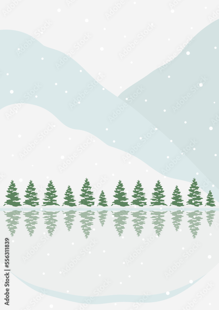 Winter landscape with wild forest and lake illustration poster. Snowy panorama, minimalist wall decor.