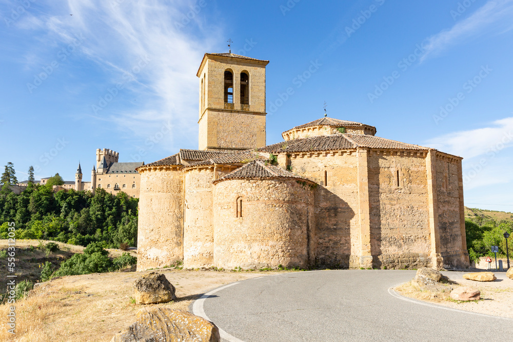 Church of the Vera Cruz (True Cross) with the Alcazar of Segovia in the background, Castile and Leon, Spain