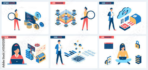 Data visualization and cloud computing, management and optimization of algorithms, coding systems set vector illustration. Cartoon tiny software developer studying code with magnifying glass