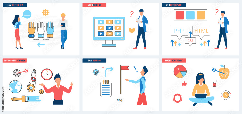Team cooperation, business development strategy for target achievement, video content creation in web set vector illustration. Cartoon tiny people work with website settings and code, achieve goal