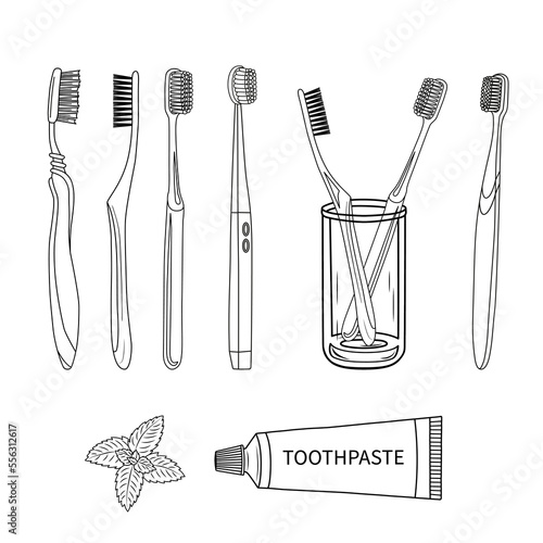 Stock vector toothbrush set and toothpaste outline black and white illustration on white background