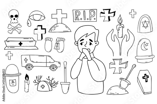 Collection of death doodles. Heartbroken boy. Funeral symbols - grave, cross, cemetery, coffin and hearse, skull and crossbones, dust and candle. Isolated vector outline drawings.