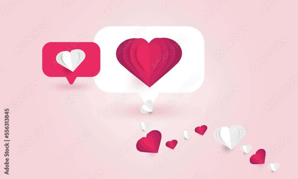 Pink background with message icon with paper hearts. Paper art Vector illustration. Message concept. Vector illustration