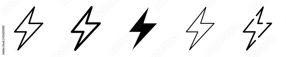 Conjunto de iconos de rayo. Relámpago, rayo eléctrico. Concepto de electricidad y energía. Ilustración vectorial Conjunto de iconos de rayo. Relámpago, rayo eléctrico. Concepto de electricidad y energía. Ilustración vectorial