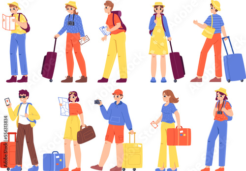 Young adults tourists with luggage and baggage. Backpackers and travellers, teens go to rest. Campers, teenager travellers snugly vector characters