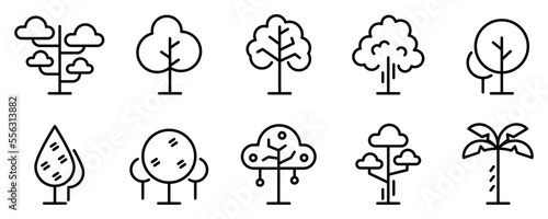 Conjunto de iconos de árboles. Naturaleza, bosque. Árboles de diferentes estilos. Ilustración vectorial