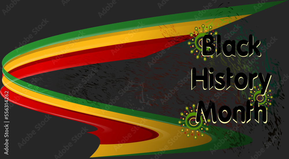 Black History Month banner with orange, red and green wave illustration.