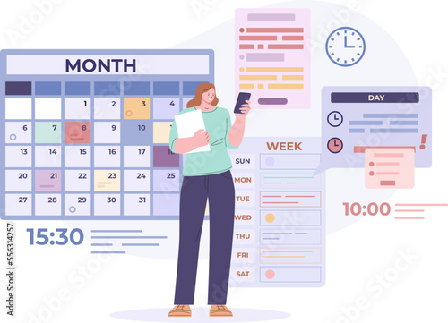 Woman monthly schedule. Businesswoman and calender, plans on month and week. Weekly to do list, meetings or kicky project planning vector concept