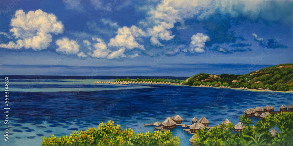 Oil painting - Island of Bora Bora, Tahiti in the Pacific Ocean