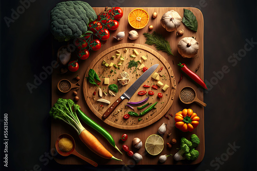 Generative AI digital art of chopping kitchen board with knife and ingredients around it photo