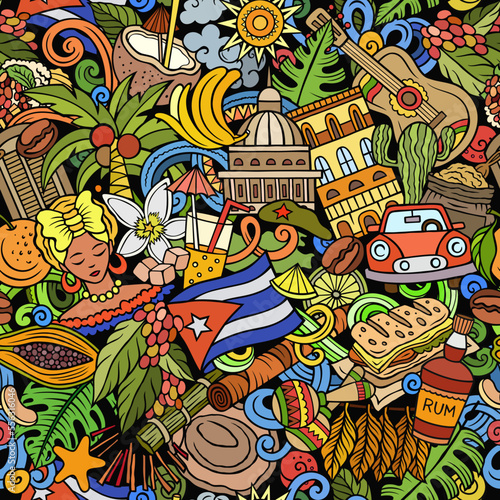 Cartoon doodles Cuba seamless pattern