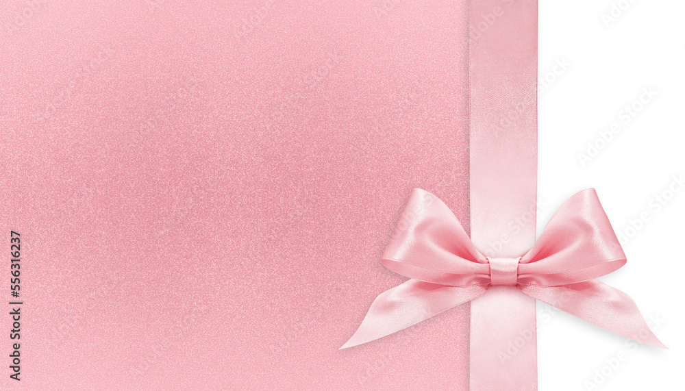 Pink  bright ribbon bow isolated on glitter background, top view, copy space for gift greeting card, Merry Christmas and happy Easter or mother and father day banner or valentine present