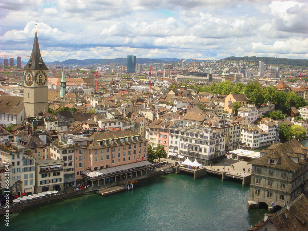 Panoramic view from above to city. Top view. Zurich. Switzerland