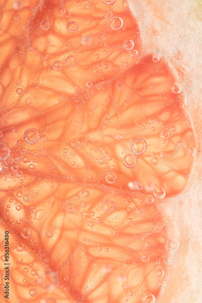 Fototapeta premium Grapefruit slice with gas bubbles in water
