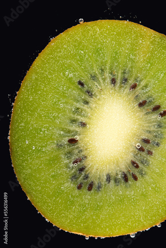 Kiwi slice with gas bubbles in water