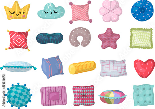 Colored pillows. Comfortable interior elements for sleeping time in relax place recent vector soft pillows
