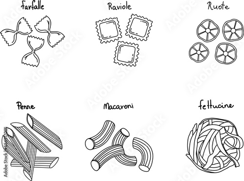 Italian food. Different types of pasta. Food Italian assortment, farfalle and cannelloni, Stortini and anellini spaghetti icons, line style illustration. Vector illustration for menu