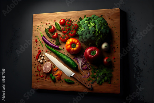 Generative AI digital art of chopping kitchen board with knife and ingredients around it photo