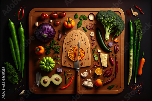 Generative AI digital art of chopping kitchen board with knife and ingredients around it photo