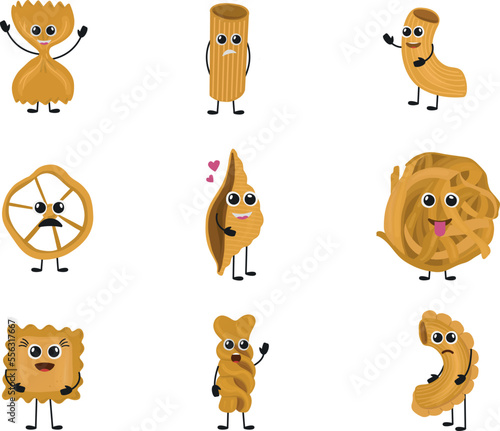 Cute character pasta, funny for menus, banners. Doodle pasta characters. Cute Italian wheat food. Cartoon macaroni mascots with hands legs and kawaii faces. Traditional fusilli or spaghetti. Menu