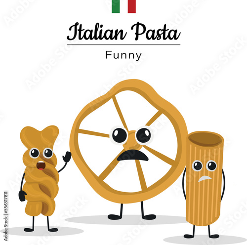 Cute character pasta, funny for menus, banners. Doodle pasta characters. Cute Italian wheat food. Cartoon macaroni mascots with hands legs and kawaii faces. Traditional fusilli or spaghetti. Menu