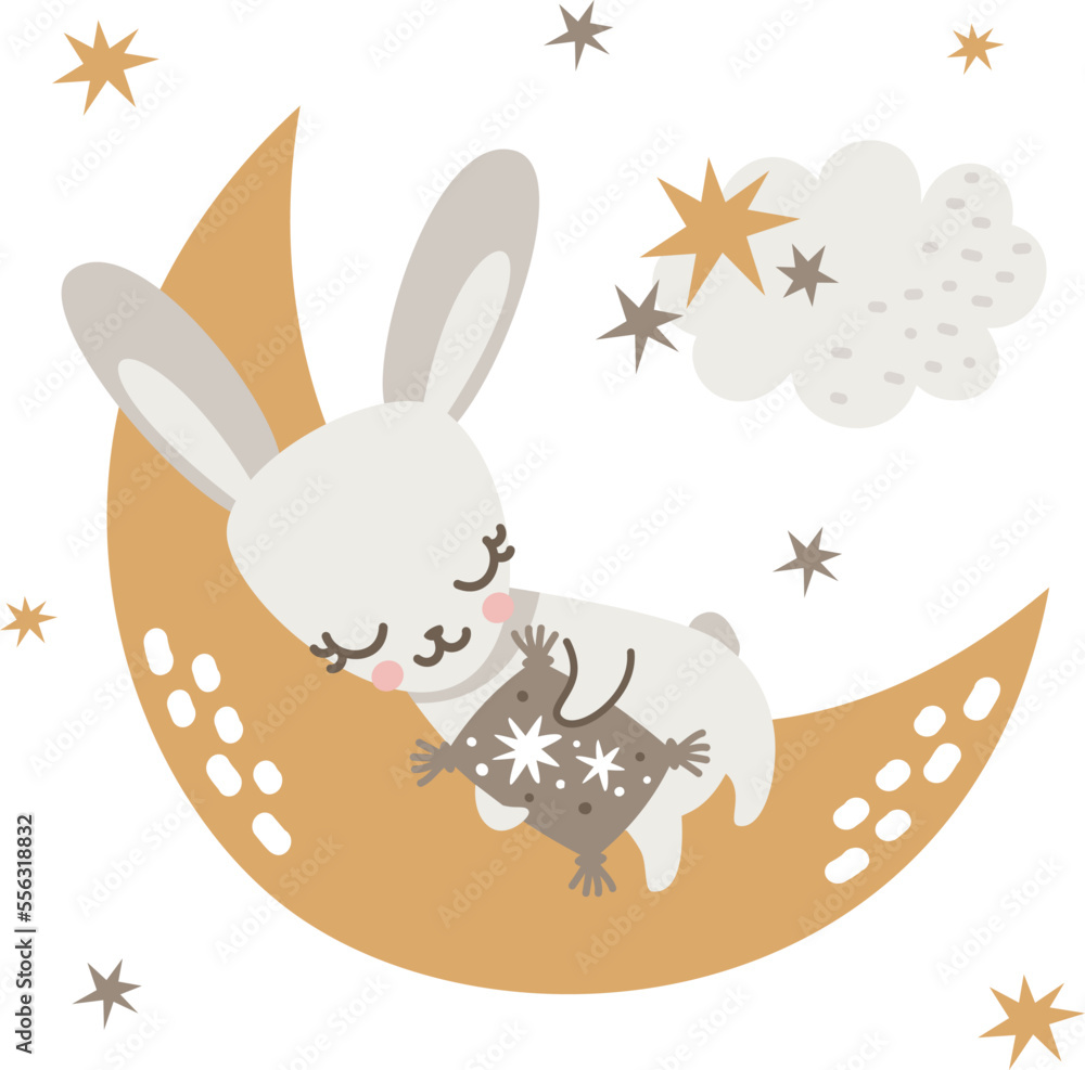 Vector illustration in Scandinavian style. Cute rabbit sleeping on the
