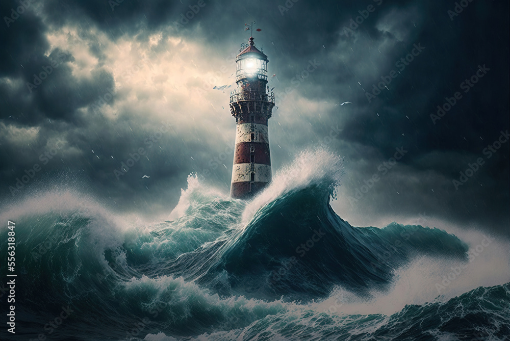 Lighthouse in the storm - Generative AI Stock Illustration | Adobe Stock