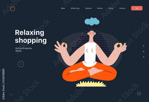 Relaxing shopping - Online shopping and electronic commerce series - modern flat vector concept illustration of a meditating woman in lotus pose. Promotion, discounts, sale and online orders concept