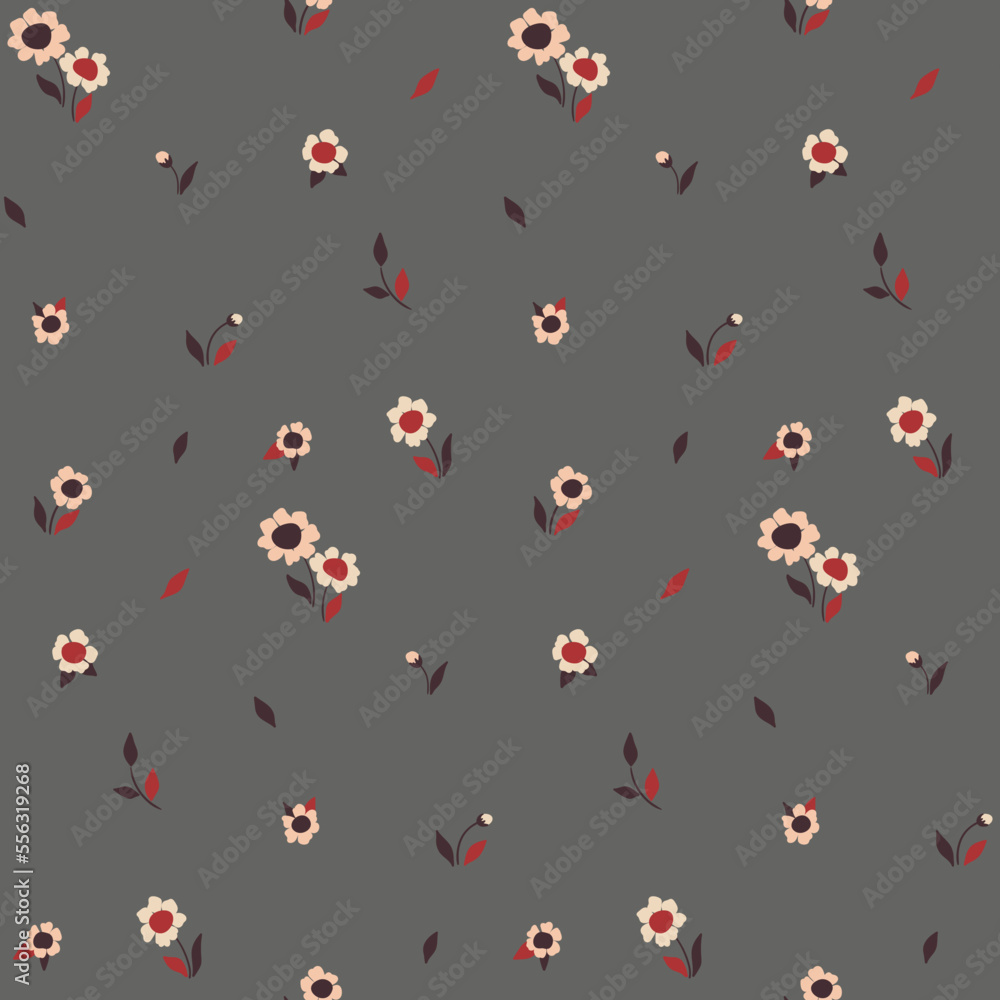 Seamless floral pattern, cute flower print with tiny sparse flowers. Liberty ditsy design with small hand drawn flowers and leaves on gray background. Trendy floral surface design, vector illustration Seamless floral pattern, cute flower print with tiny sparse flowers. Liberty ditsy design with small hand drawn flowers and leaves on gray background. Trendy floral surface design, vector illustration