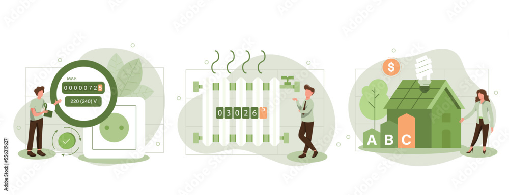 Fototapeta premium Sustainability vector set. Characters monitoring private electricity and central heating meter and calculating household utility bill. Home energy efficiency audit concept. consumption Costs increase