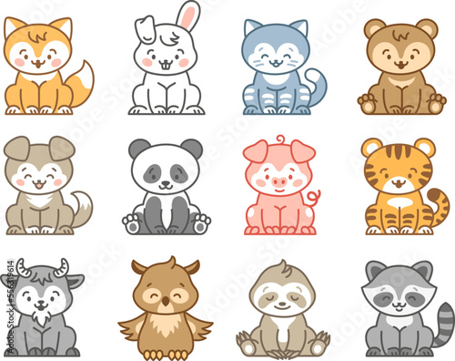 Kawaii animal characters. Bunny  fox and tiger isolated cartoon animals. Pastel cute childish stickers. Tidy cat mascot  vector line woodland set